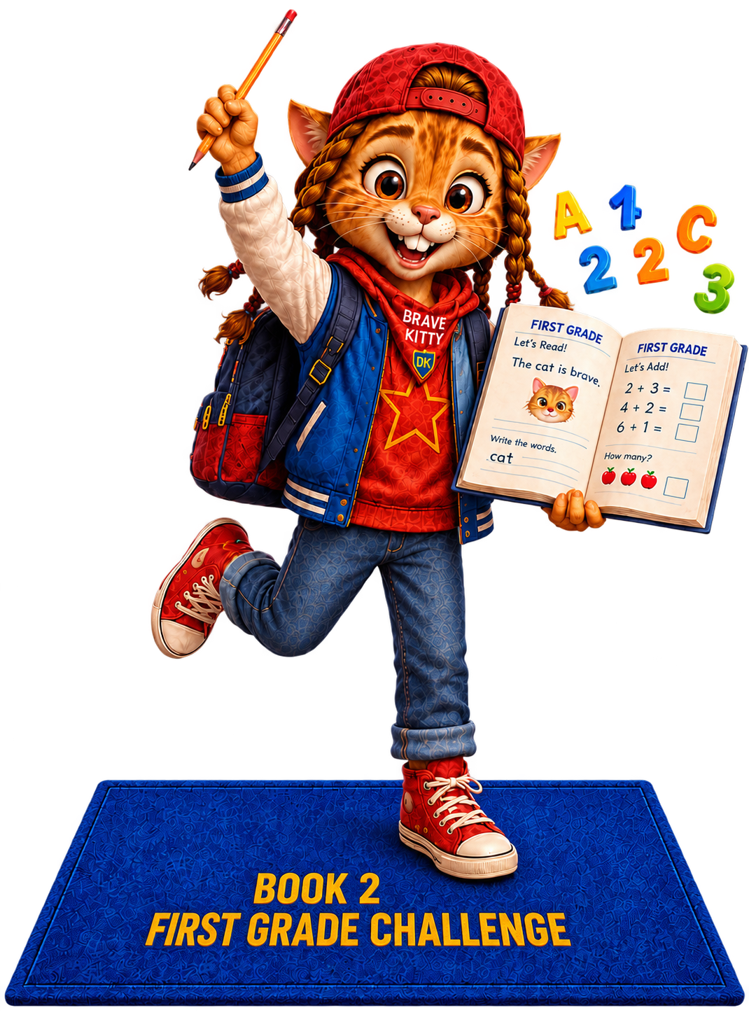 DK at Ages 6–7, stepping toward the reader from the floating Book 2 First Grade Challenge mat