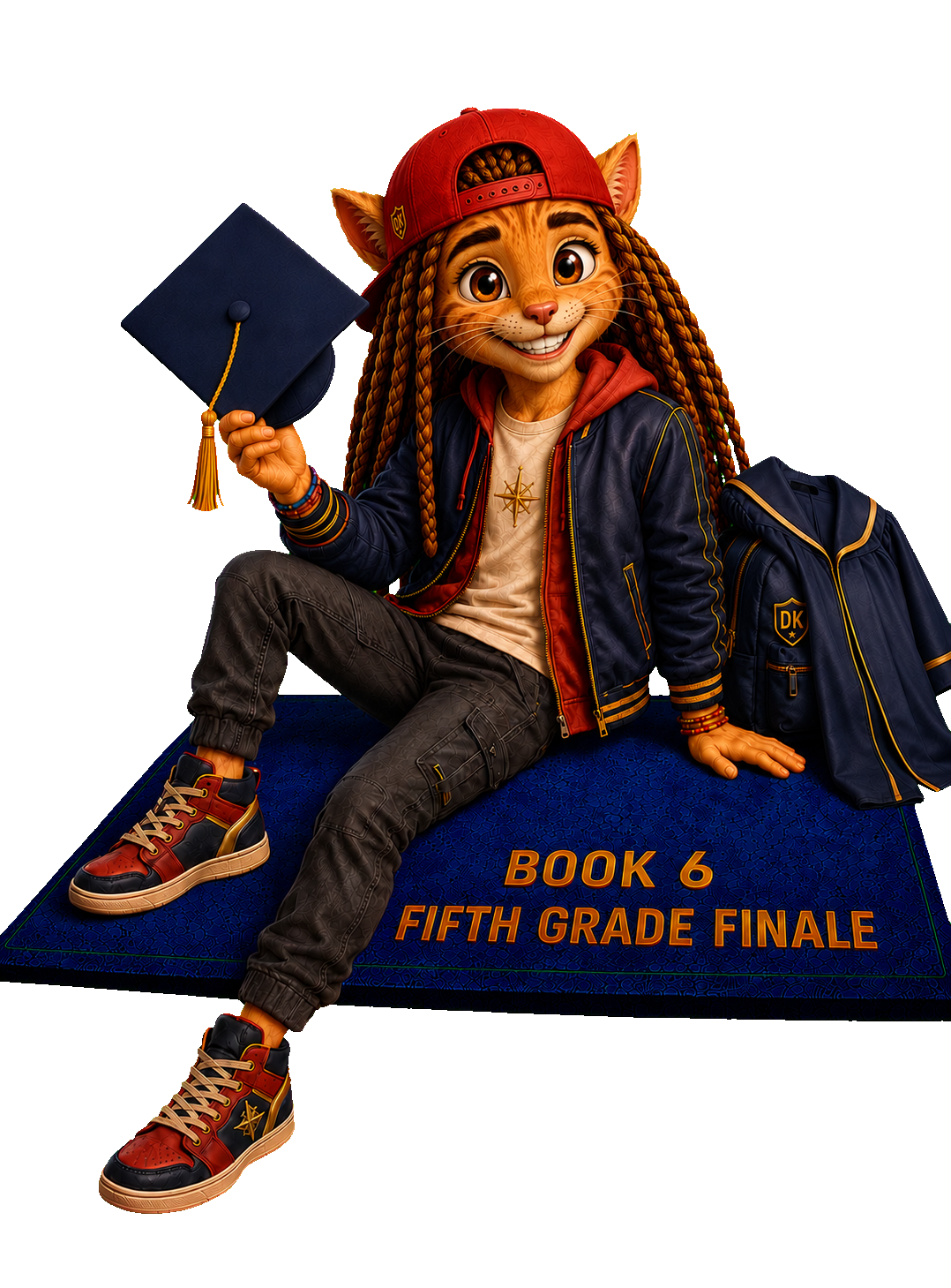 DK at Ages 9–10, stepping toward the reader from the floating Book 6 Fifth Grade Finale mat